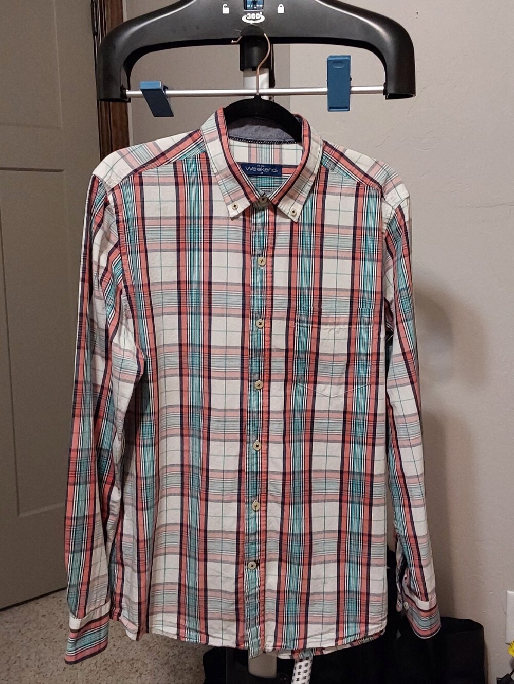Men’s Coral & Teal Plaid Button‑Down Shirt